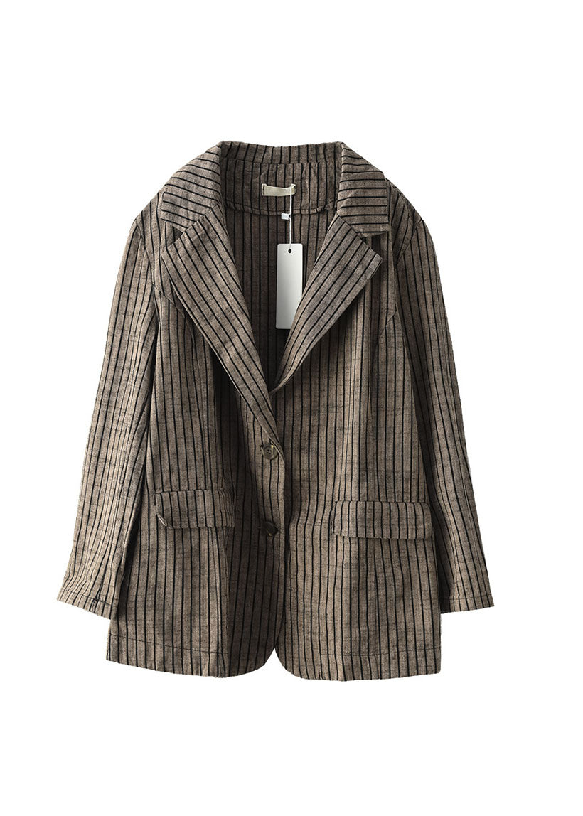 Light Button Pockets V Neck Striped Coats Long Sleeve