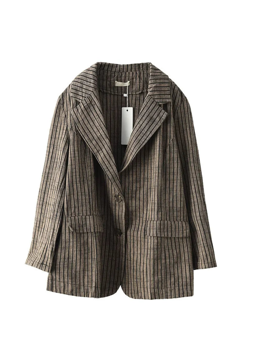 Light Button Pockets V Neck Striped Coats Long Sleeve