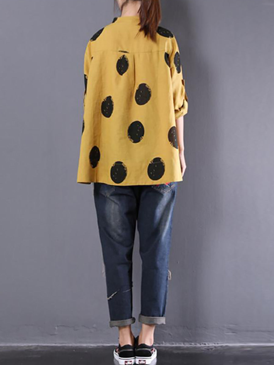 Loose Dots Long Sleeve Cotton Linen Shirt