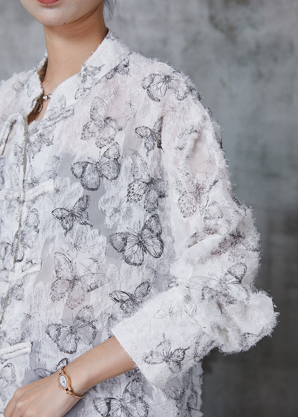 White Tasseled Butterfly Chiffon Shirt Fall