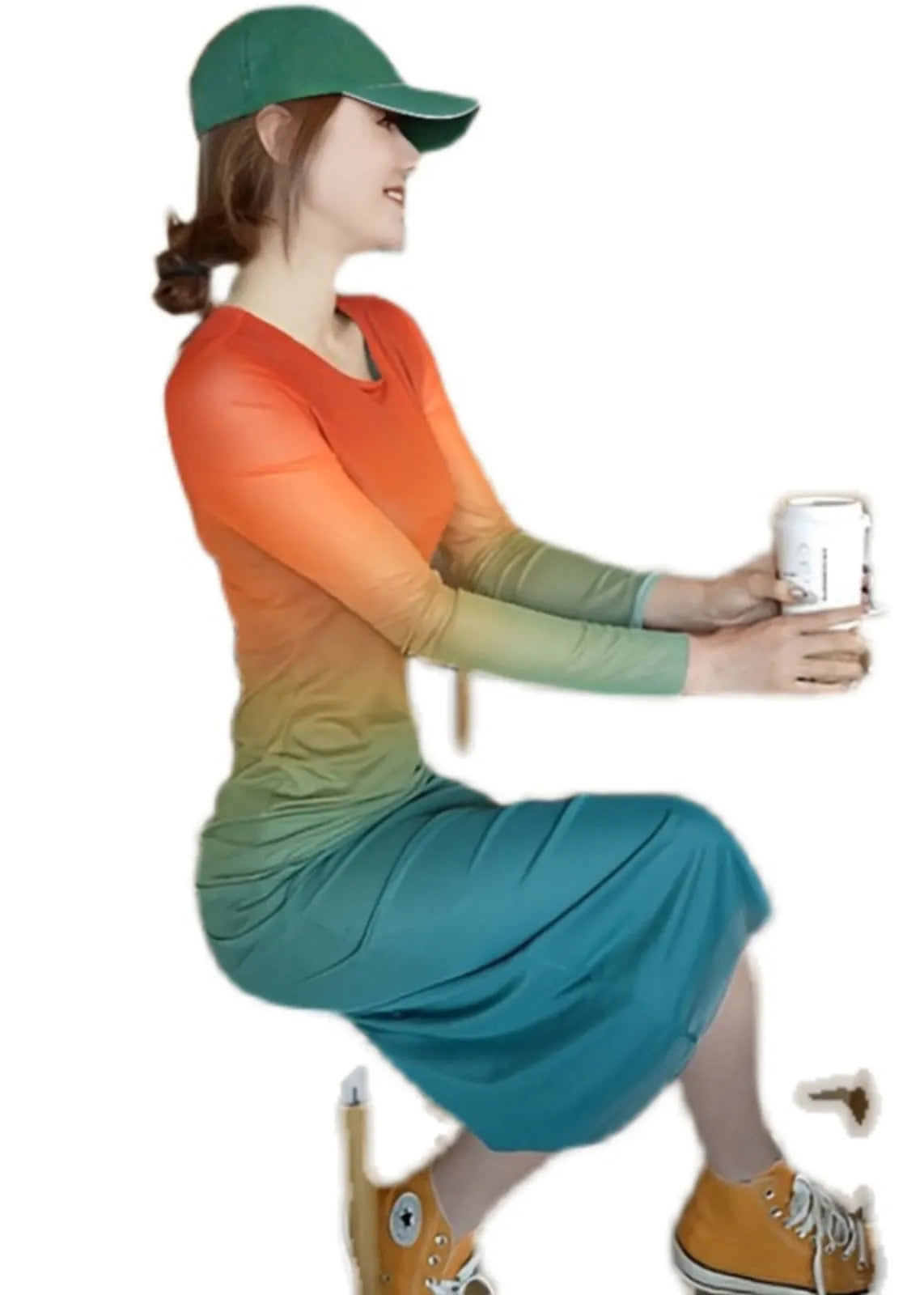 New Gradient Color O Neck Cotton Dress Long Sleeve