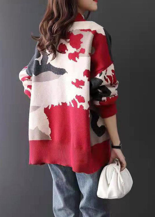 Red V Neck Jacquard Cozy Cashmere Cardigan Spring