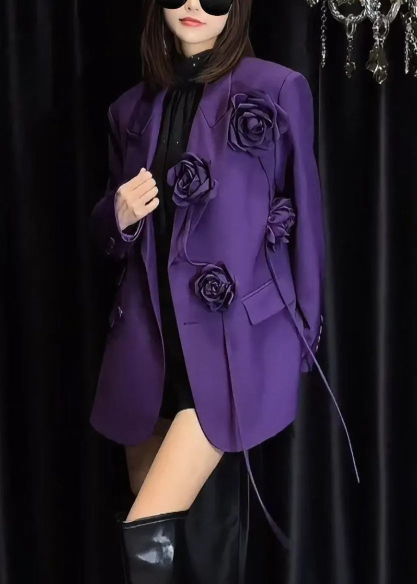 Purple Peter Pan Collar Button Spandex Coats Spring