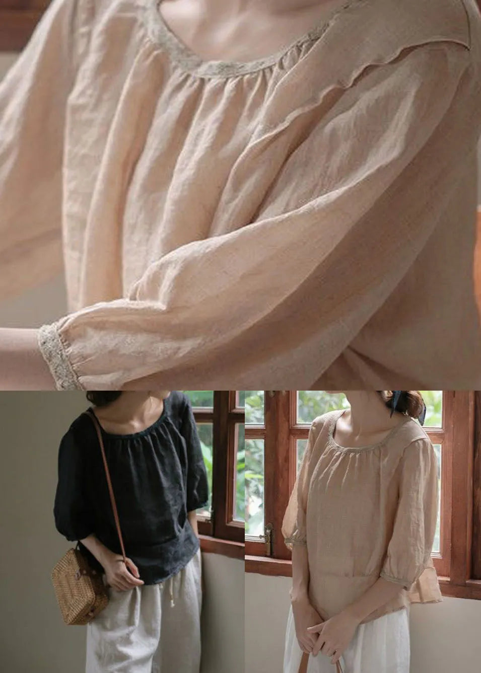 Diy Black O Neck Patchwork Back Side Open Linen Shirt Top Summer