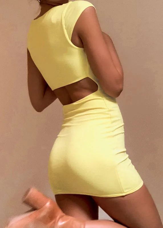 Simple Yellow U Neck Slim Fit Cotton Short Dress Summer