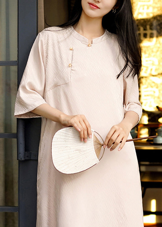 Boutique Beige Stand Collar Cotton Long Dresses Bracelet Sleeve