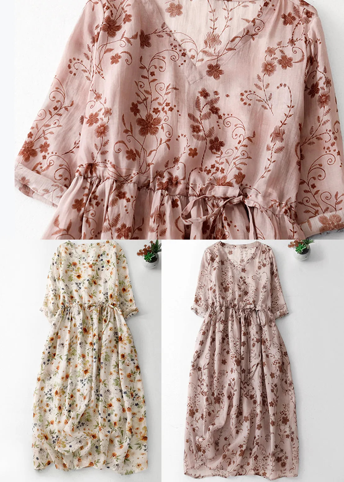 Pink Print Cotton Long Dress V Neck Drawstring Summer