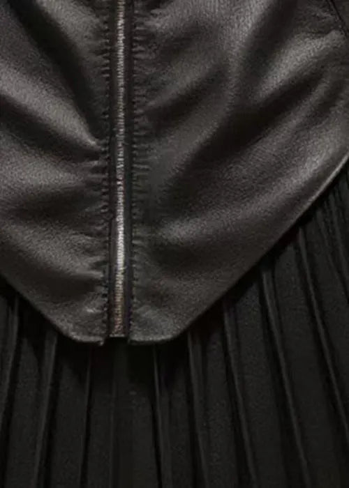 Stylish Black Zippered Wrinkled Patchwork Faux Leather Skirt Summer