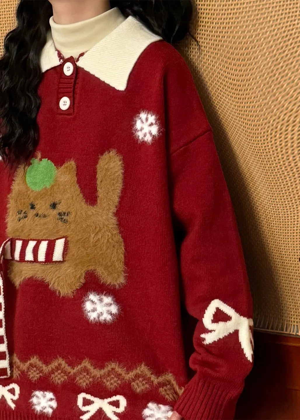 Jacquard Red Button Bow Kitten Patchwork Knit Sweaters Spring