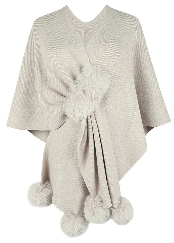 Stylish Apricot V Neck Fuzzy Ball Patchwork Knit Cape Fall