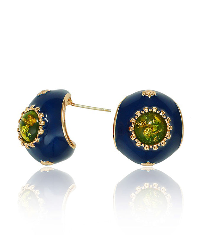 Retro Royal Blue Sterling Silver Overgild Enamel Resin Hoop Earrings