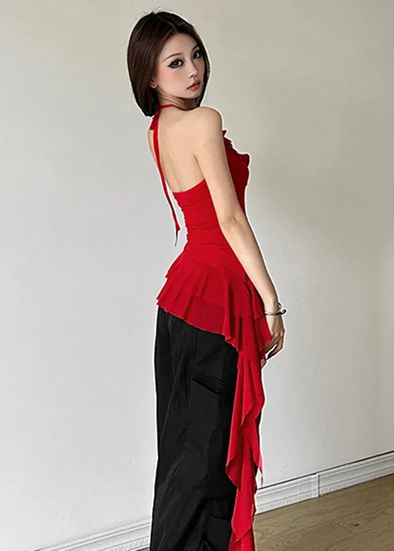 Slim Fit White V Neck Patchwork Backless Vest Summer