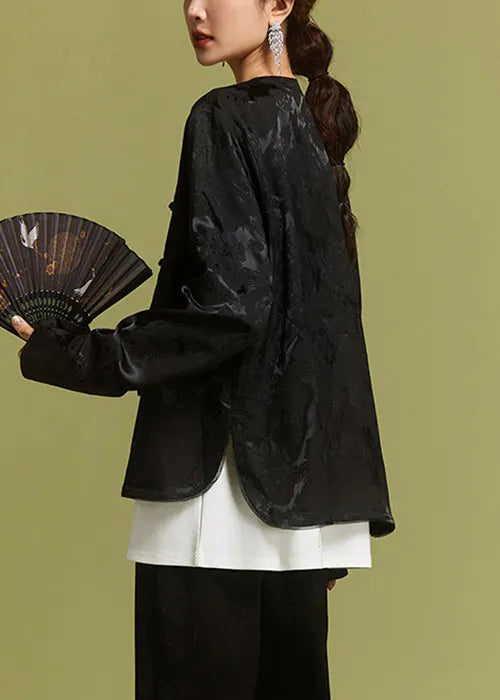 New Black O-neck Button Side Open Silk Coat Fall