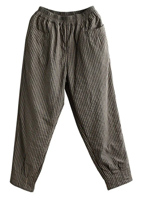 Chocolate Elastic Waist Striped Pockets Fine Cotton Filled Pants Winter