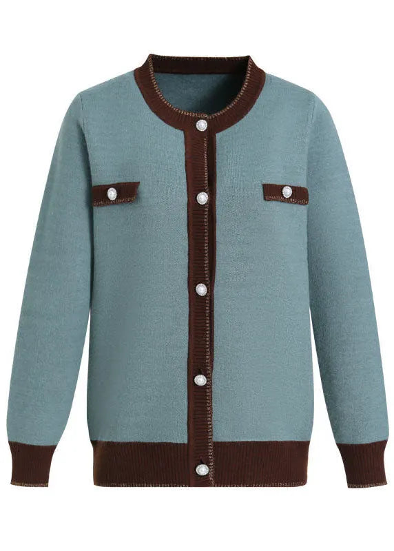 Stylish Orange O-neck Patchwork Pearl Button Knit Jackets Long Sleeve