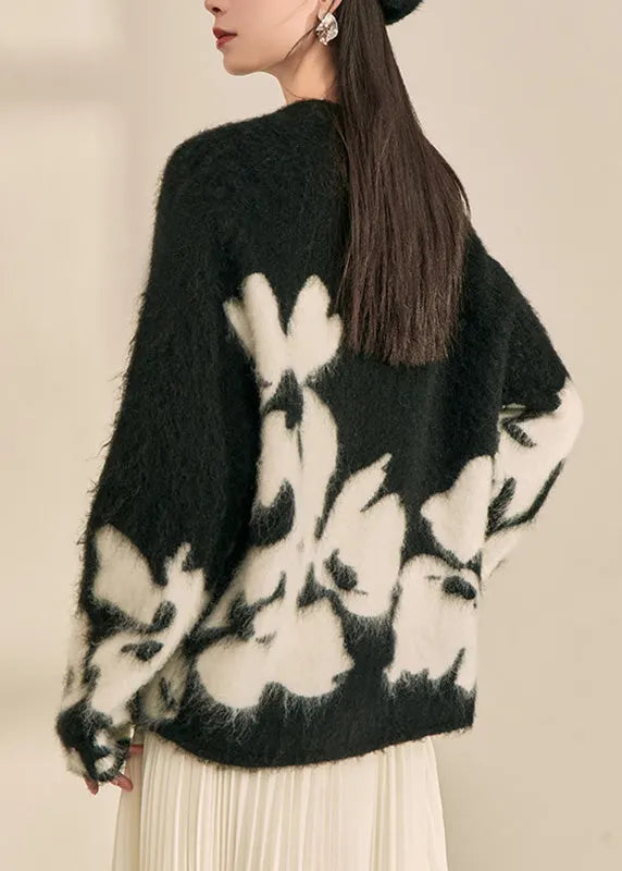 Modern Black O-neck Print Cotton Knit Cardigan Fall