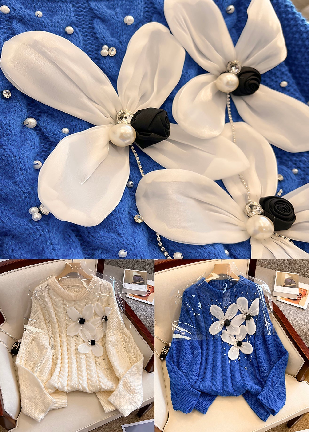 Blue O Neck Nail Bead Knit Sweater Winter