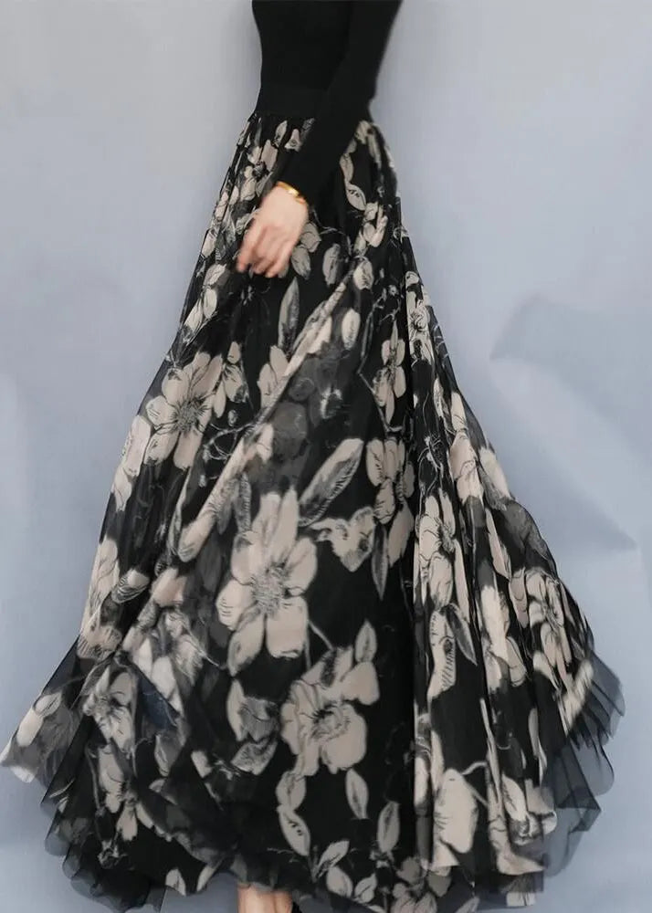 Black Print Exra Large Hem Chiffon Skirts Spring