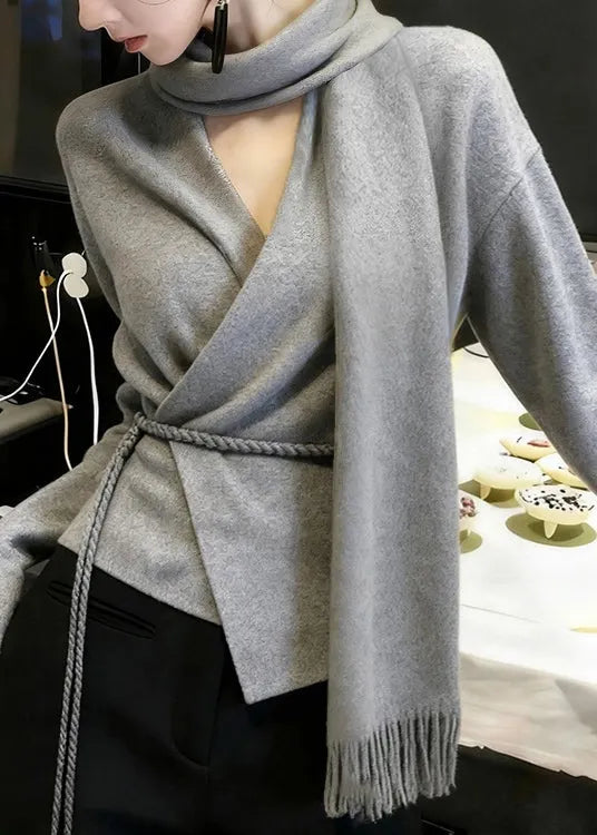 Boutique Grey Bow Tie Waist Knit Sweaters Winter