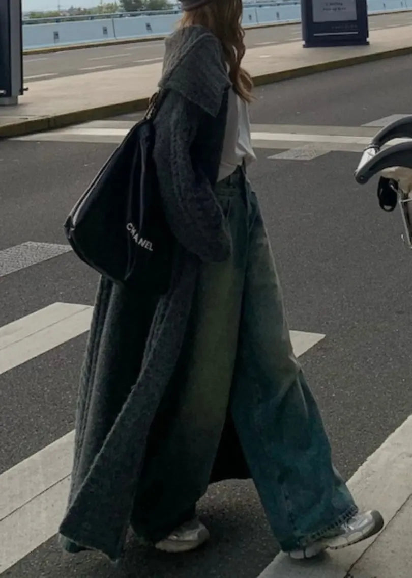 Grey Peter Pan Collar Long Knit Loose Cardigans Fall