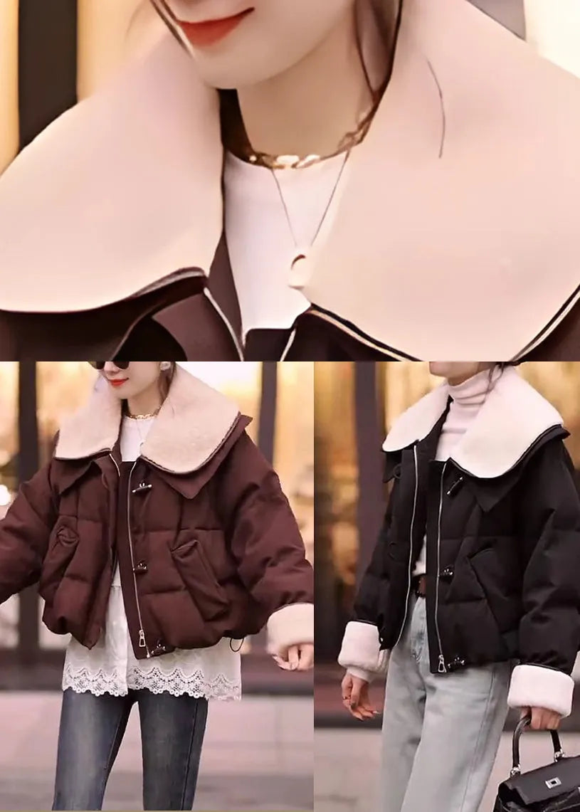 Brown Peter Pan Collar Patchwork Fine Cotton Filled Jackets Winter