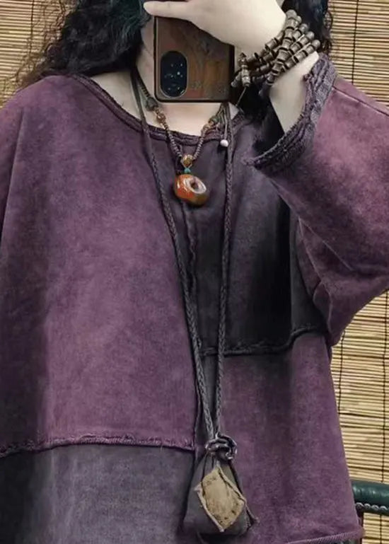Loose Purple O Neck Patchwork Cotton T Shirts Top Spring