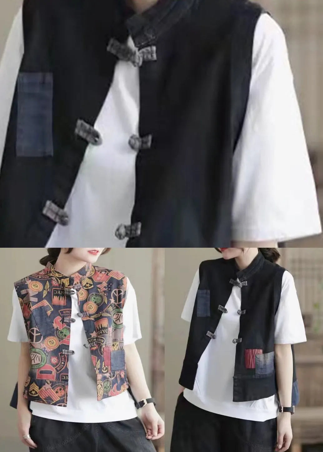Retro Colour Stand Collar Print Button Low High Design Waistcoat Sleeveless