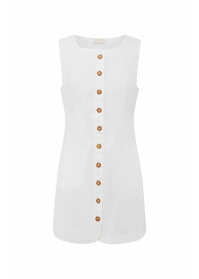 New White Button Cotton Mini Dress Sleeveless