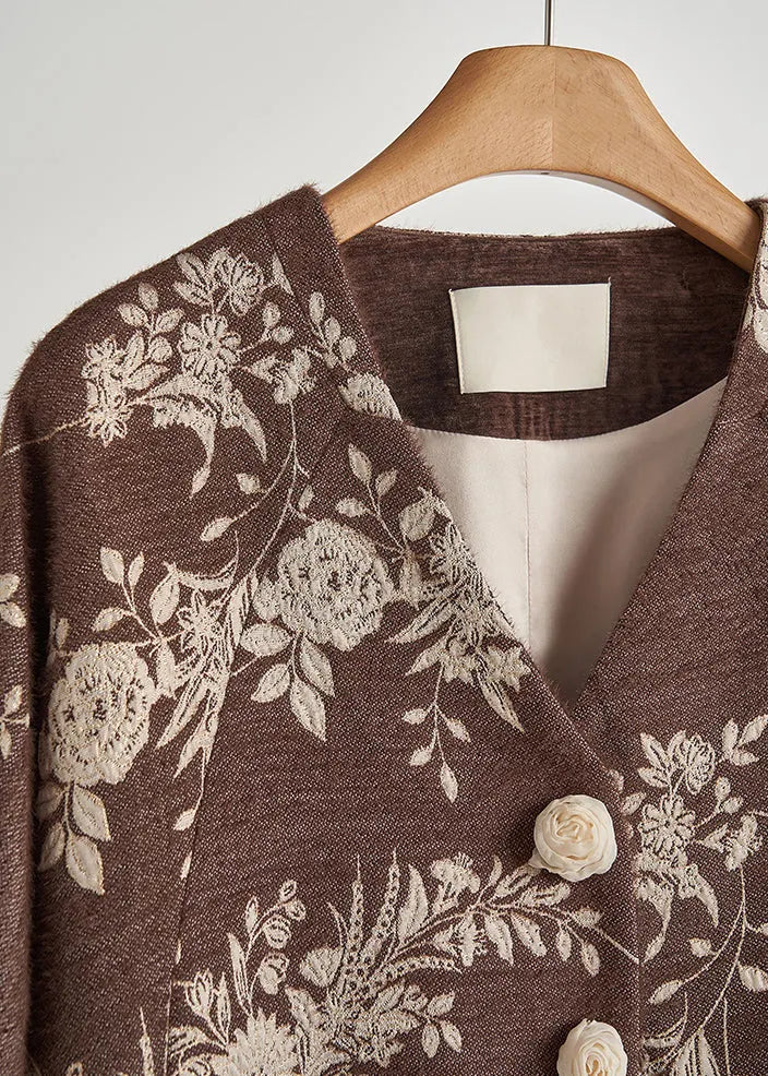 Brown Embroidered Decorated Cotton Jackets Fall