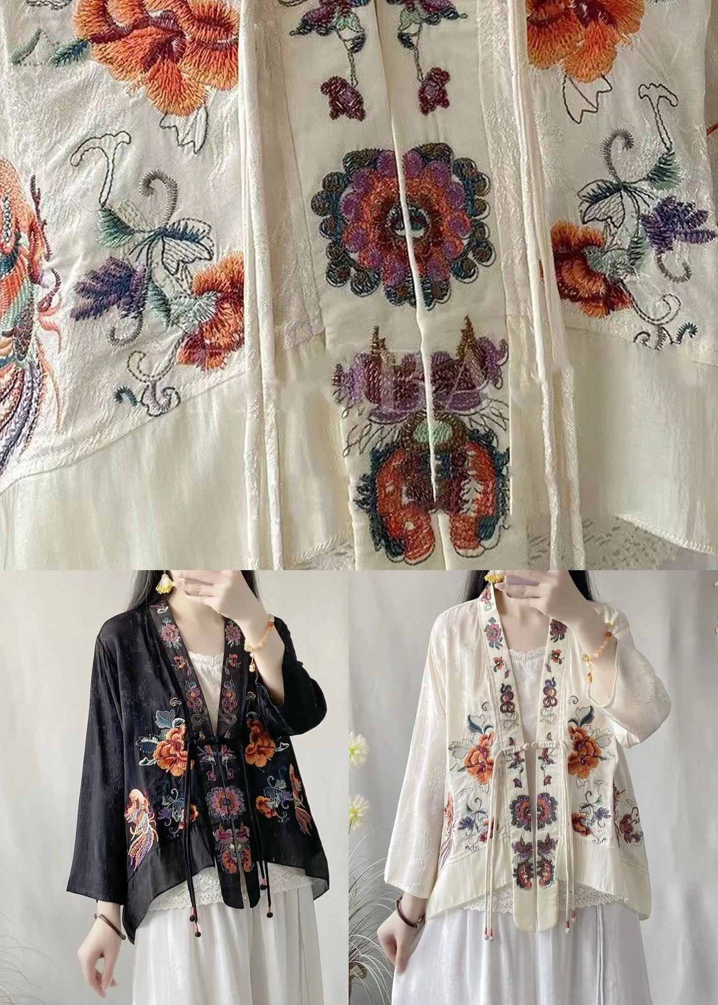 Black Linen Silk Cardigans Embroideried V Neck Tasseled Spring