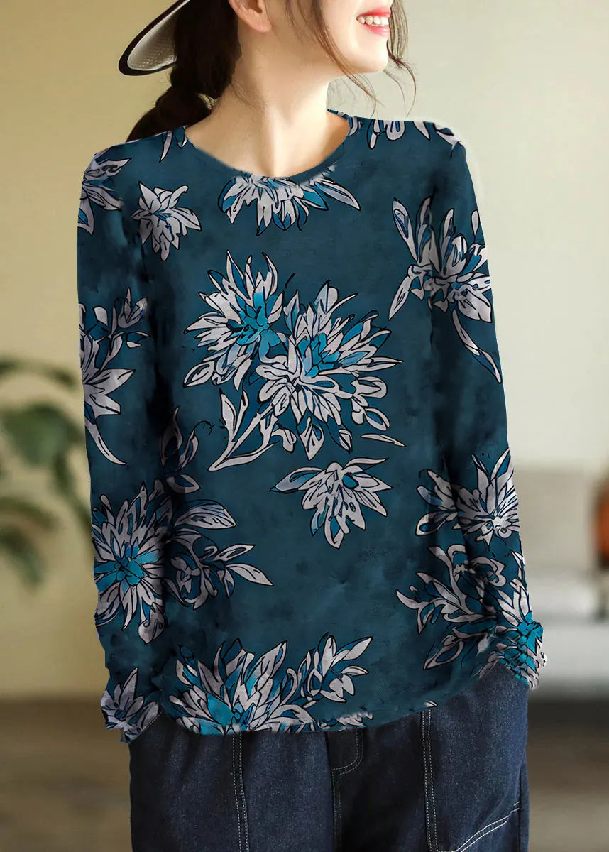 Beige O-neck Print Cotton Knitted Top Long Sleeve