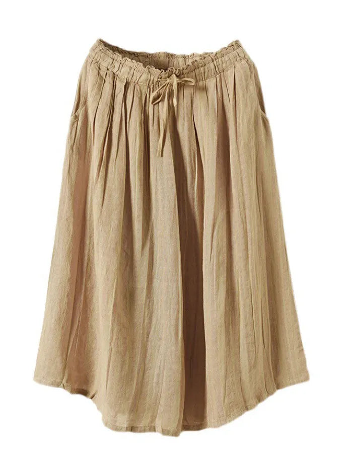 Khaki Drawstring Pockets Linen a Line Skirts Summer