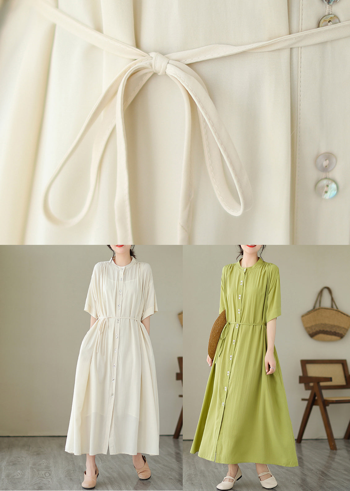 Green O-neck Button Maxi Dresses Summer
