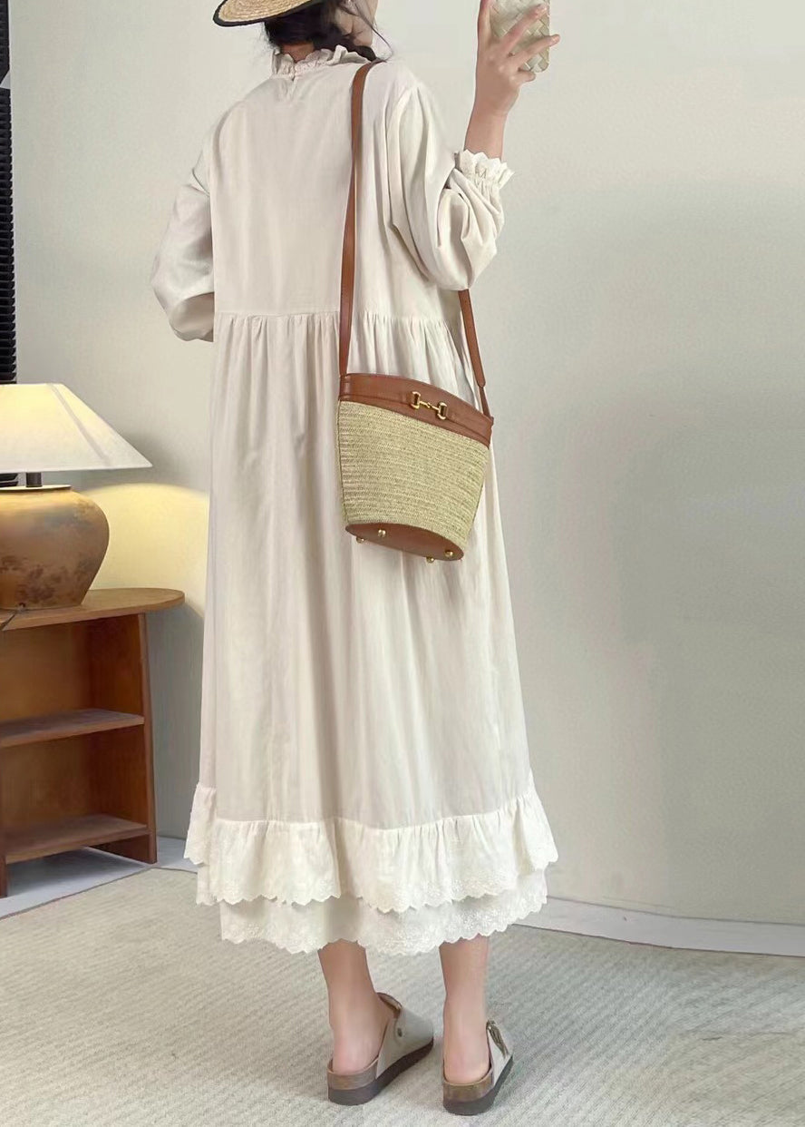 Apricot Stand Collar Ruffled Patchwork Wrinkled Long Dress Long Sleeve