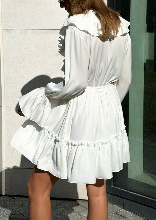 White Lace Up Cotton Mid Dress Ruffled Spring