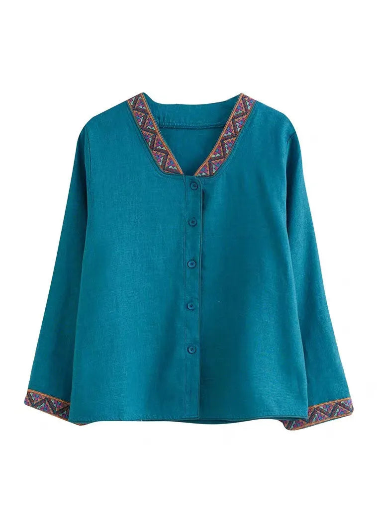 Blue V Neck Embroidered Patchwork Linen Shirts Top Spring