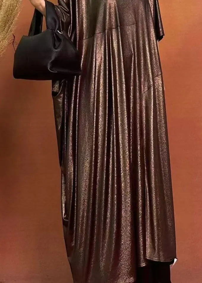 Loose Brown O-neck Patchwork Silk Maxi Dresses Spring
