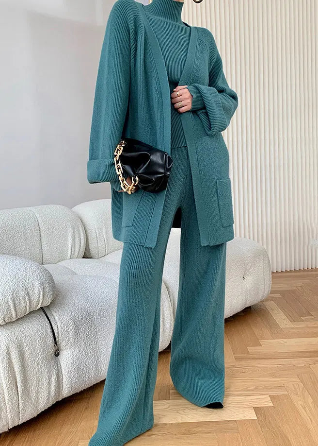 Autumn New Peacock Blue Knitted Wide Leg Pants Sweater and Cardigan 3 Piece Set
