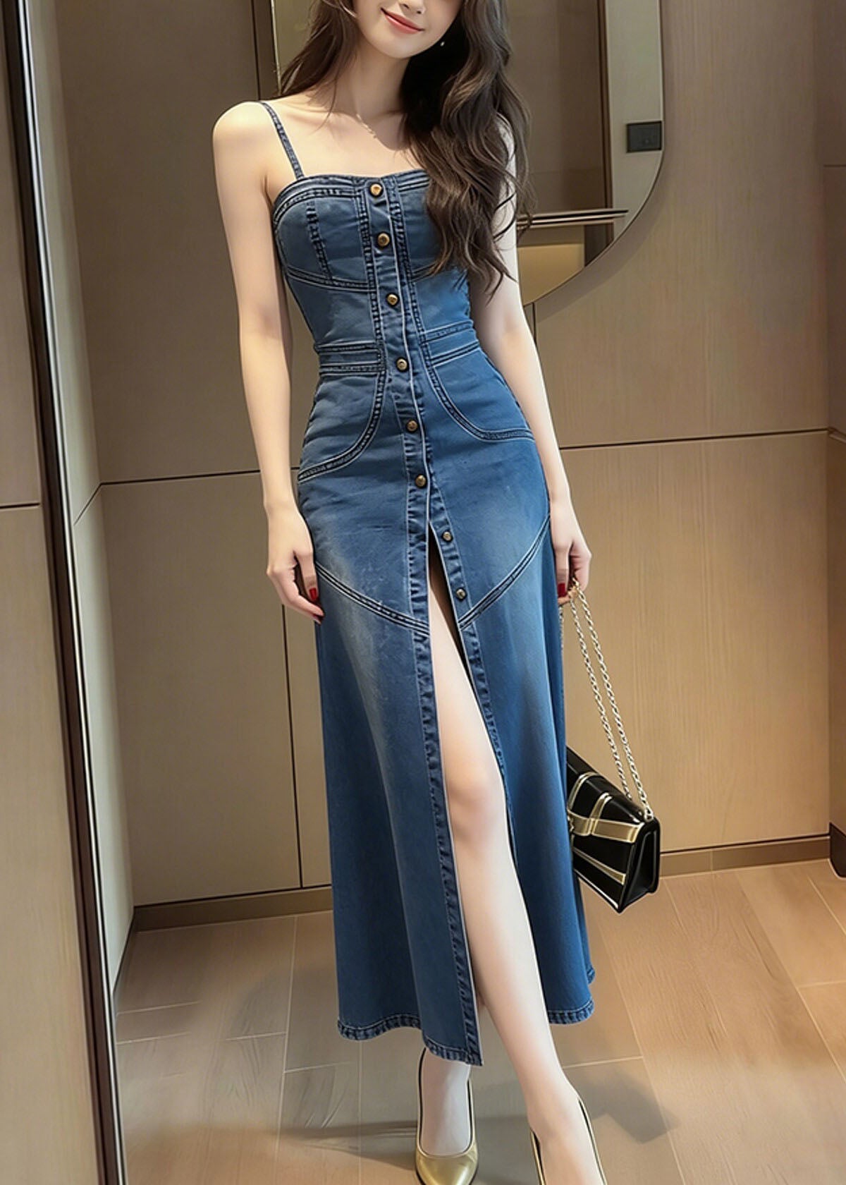 French Blue Side Open Denim Spaghetti Strap Dress Summer