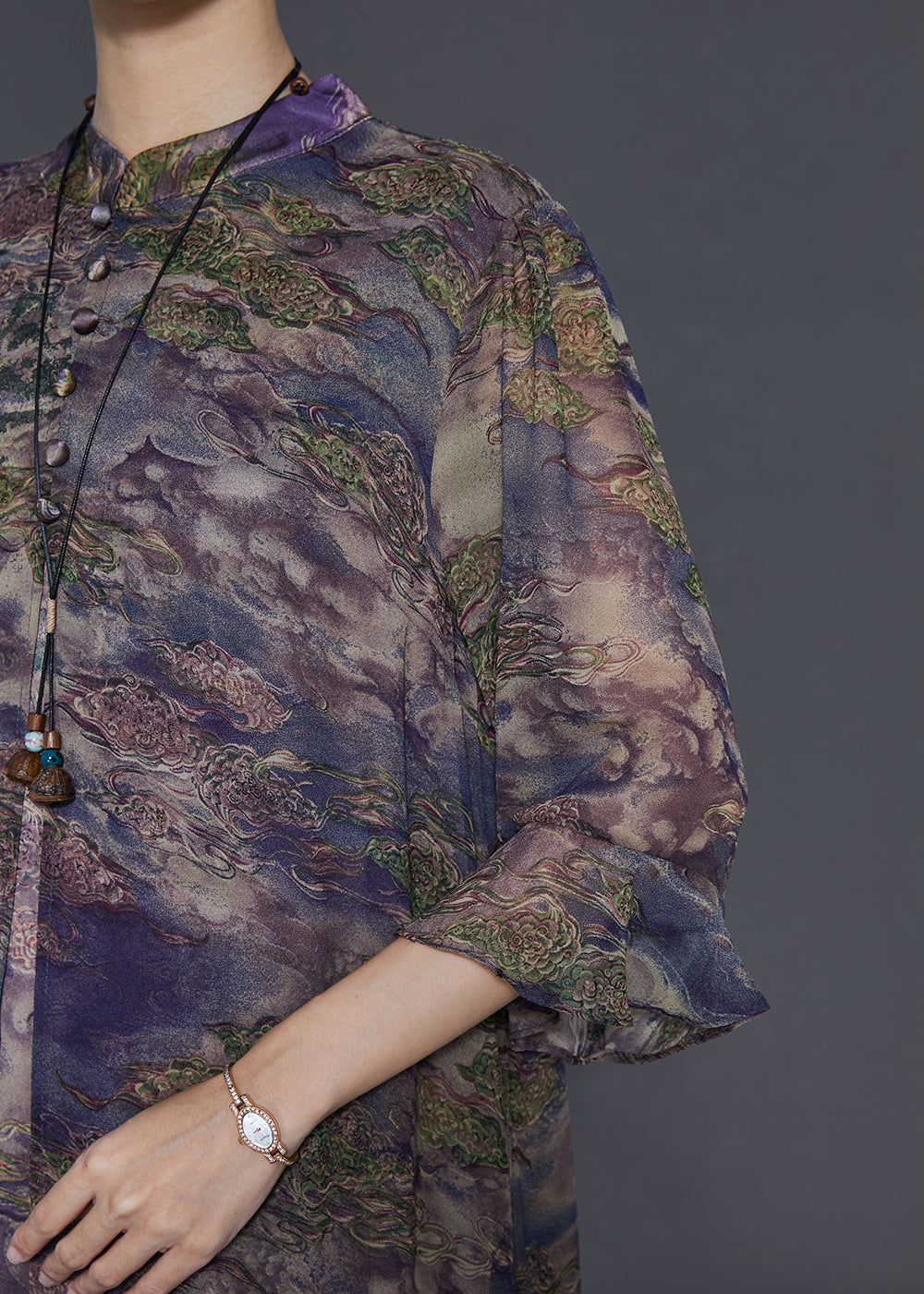 Purple Print Silk Fake Two Piece Dresses Bracelet Sleeve