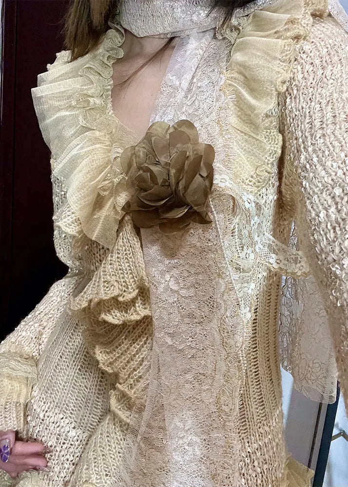 Diy Beige Asymmetrical Patchwork Flower Decorated Knit Jackets Fall