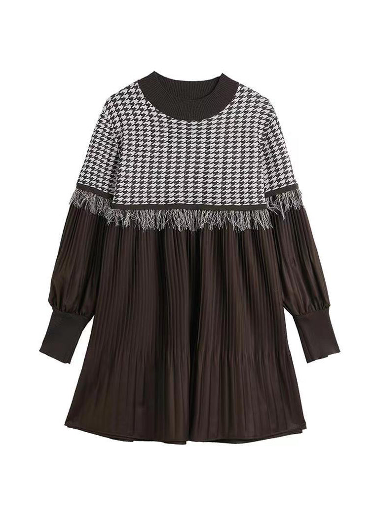 Coffee O-neck Tasseled Wrinkled Patchwork Cotton Mid Dress Lantern Sleeve