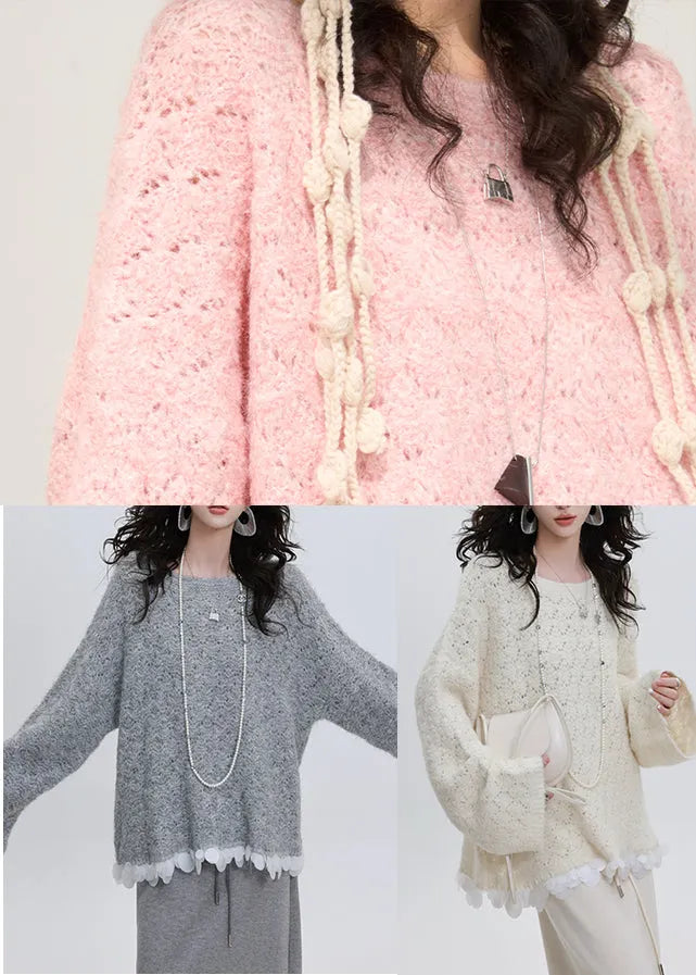 Pink Patchwork Cozy Knitted Tops Hollow Out Winter