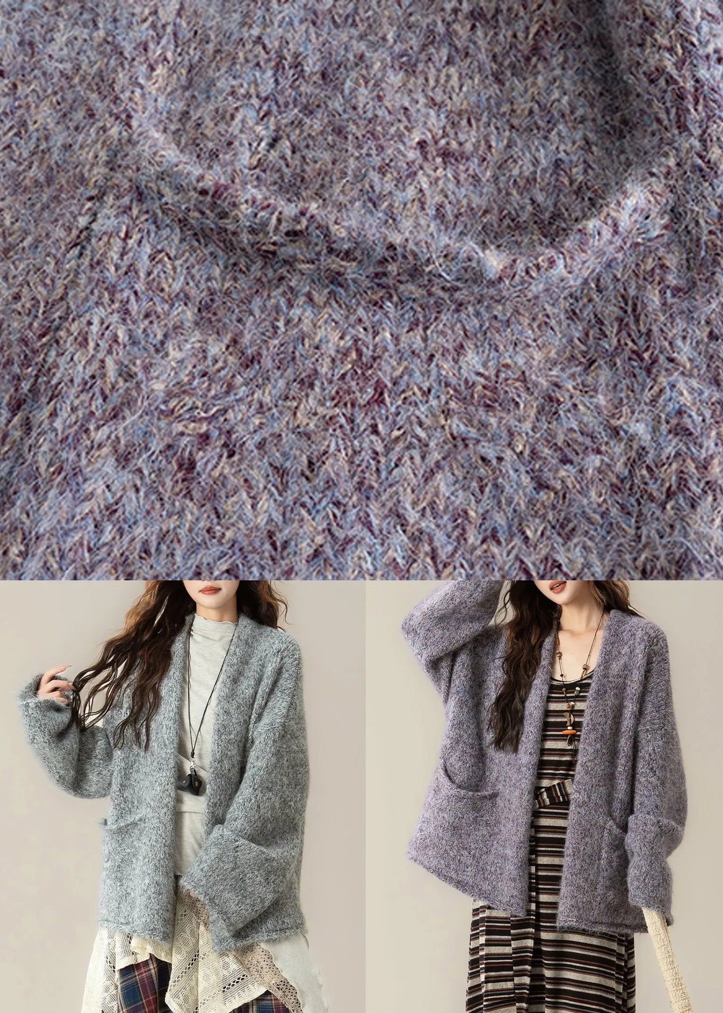 Loose Grey V Neck Pockets Knit Cardigans Spring
