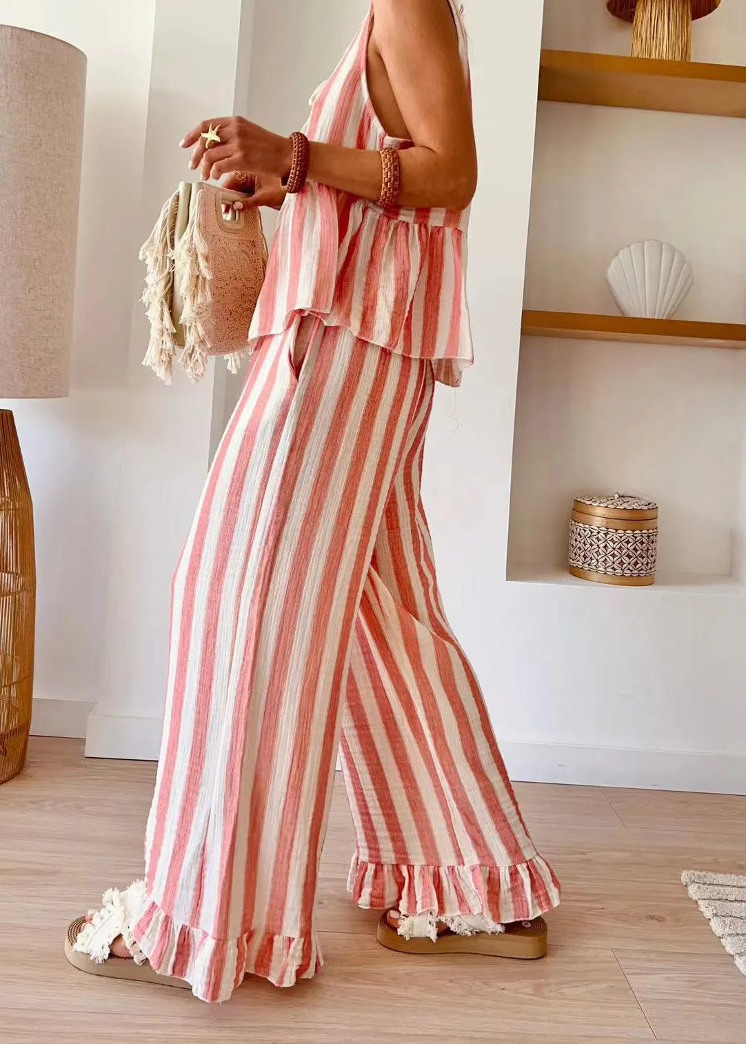 Pink Striped O-neck Top and Wide Leg Pants Two Piece Set Summer