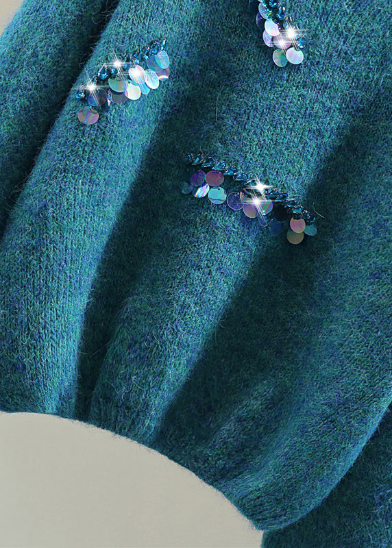 Blue V Neck Sequins Thick Cotton Knit Sweater Winter