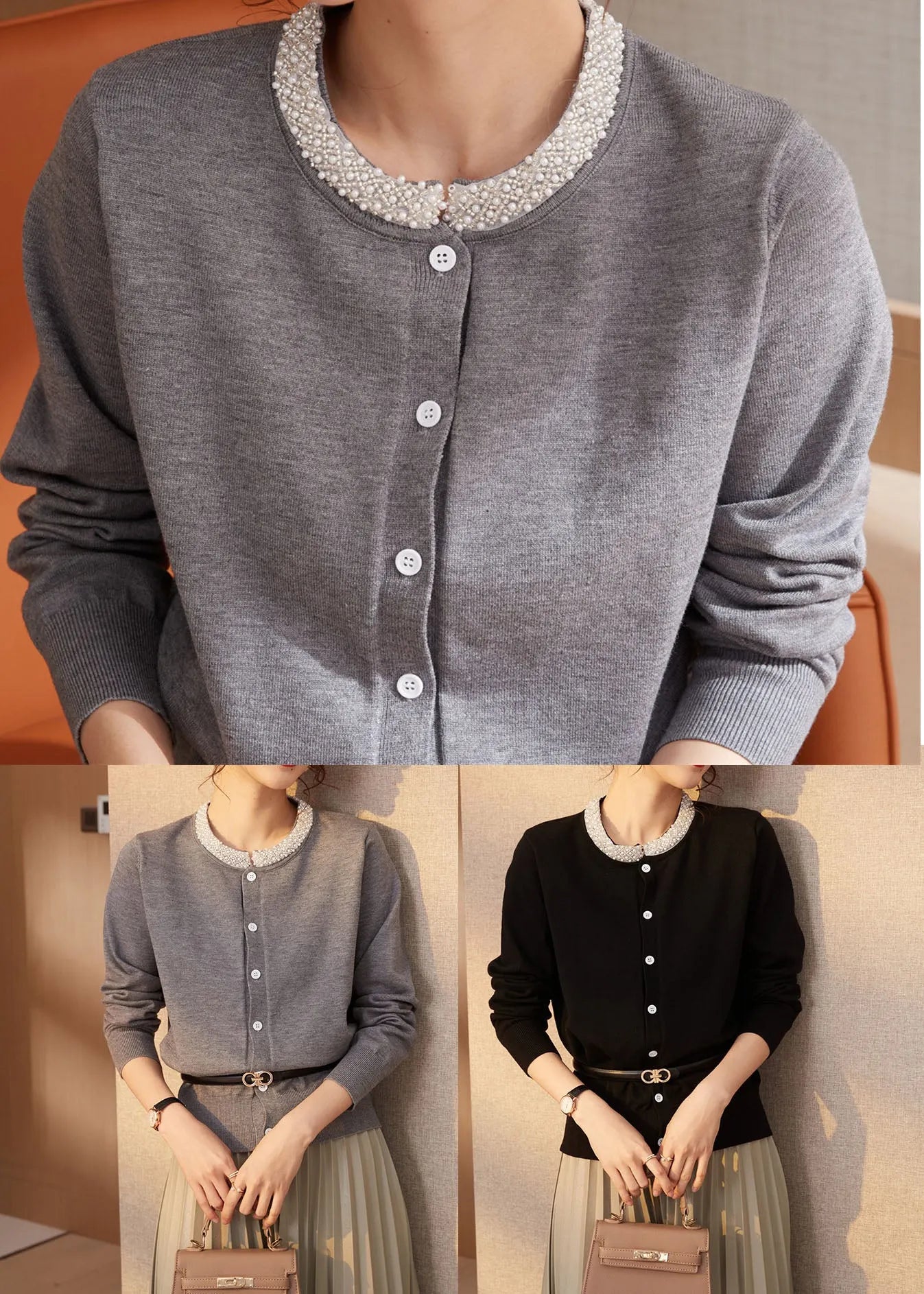 Classy Grey O-neck Nail Bead Wool Knit Cardigans Spring