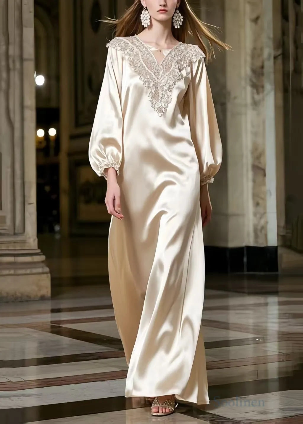 Champagne Lace Neck Draping Silk Robe Dresses Spring