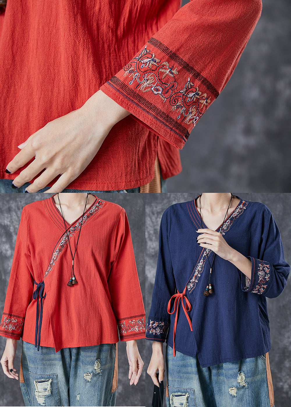 Red Embroidered Lace Up Linen Blouse Top Summer