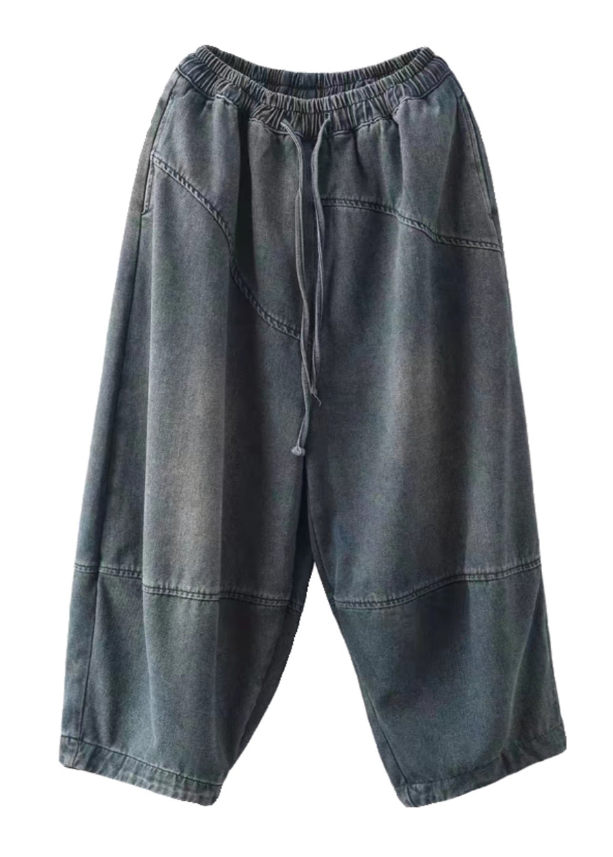 Blue Pockets Elastic Waist Cotton Harem Pants Spring